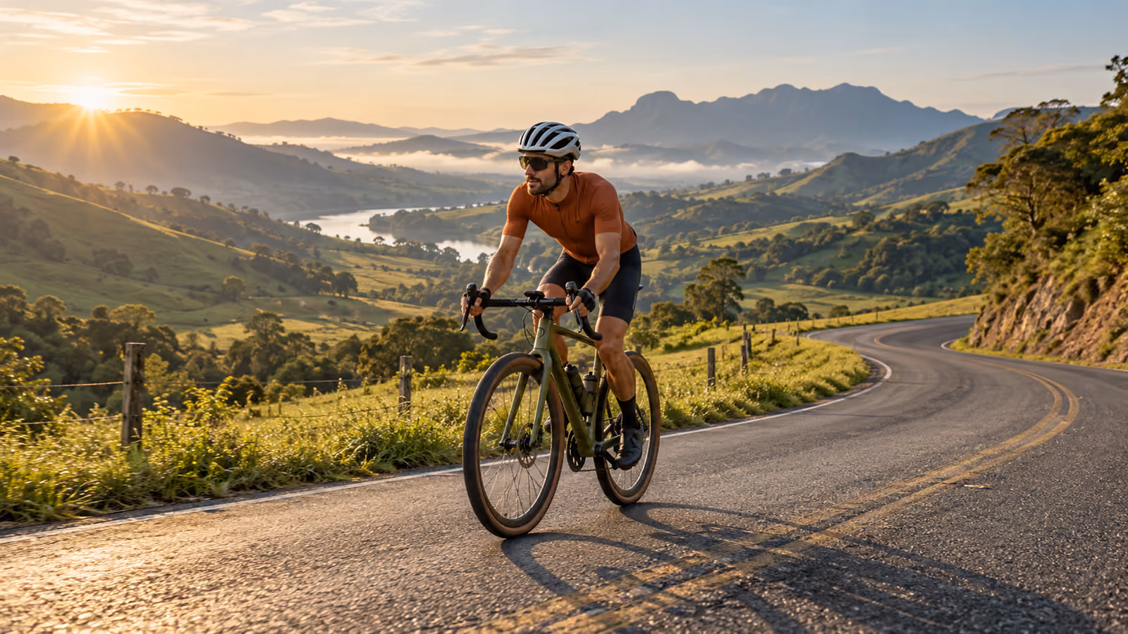 Cena ilustrativa de um ciclista de capacete em uma estrada tranquila entre montanhas, ao amanhecer